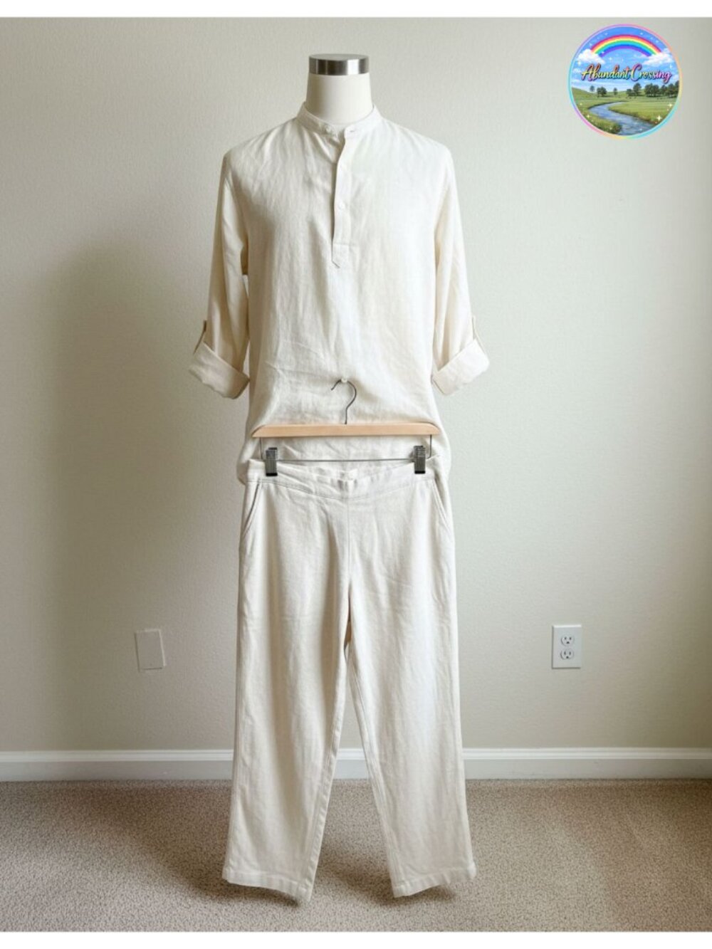 Men's Cotton Blend Linen 2 Piece Set Long Sleeve Henley Shirt & Pants Beach